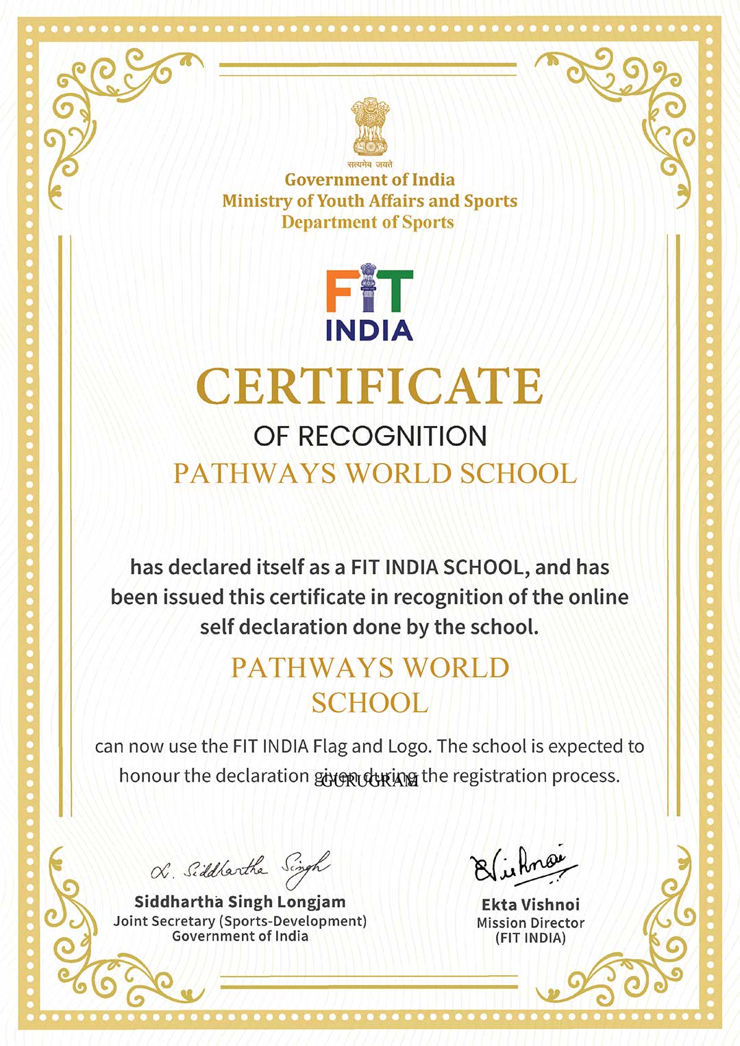 Pathways World School Gurgaon - Fit India Certificate